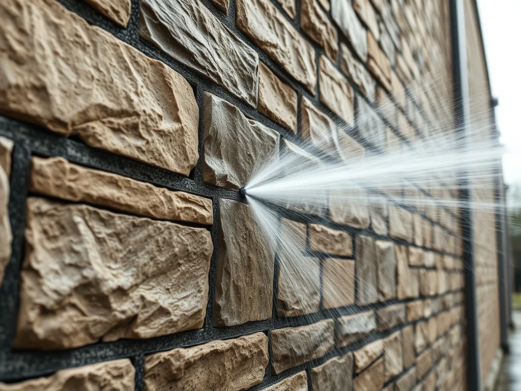 High pressure water cleaning a stone wall facade in an indus