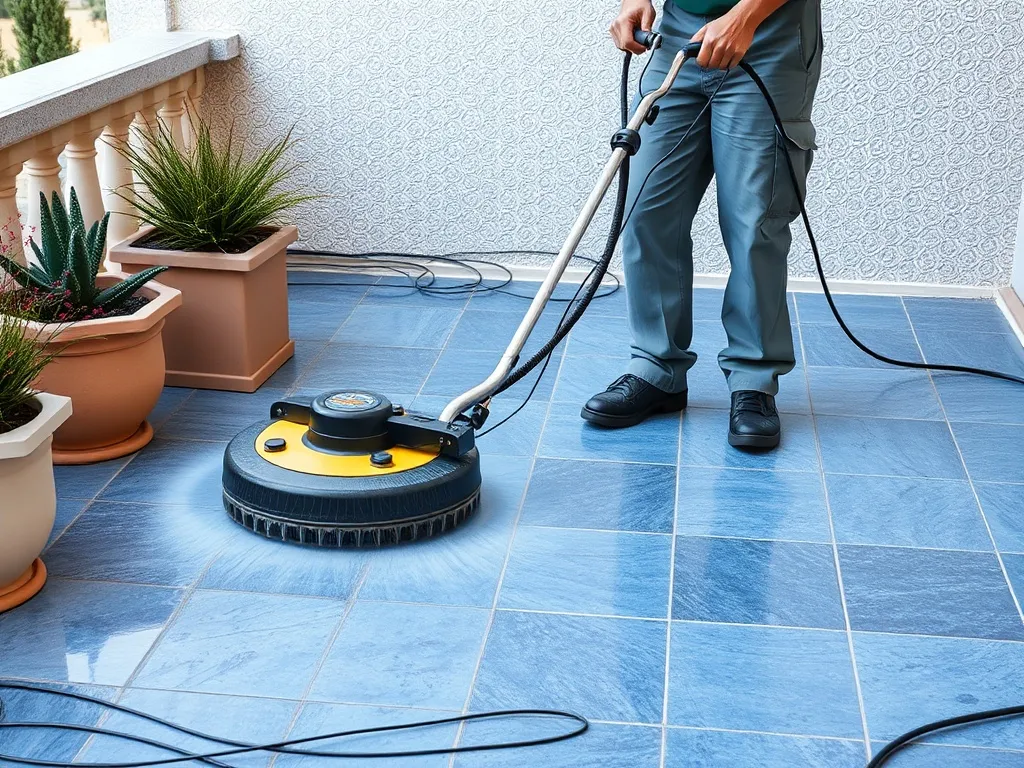 Worker cleaning a natural stone terrace with specialized equ